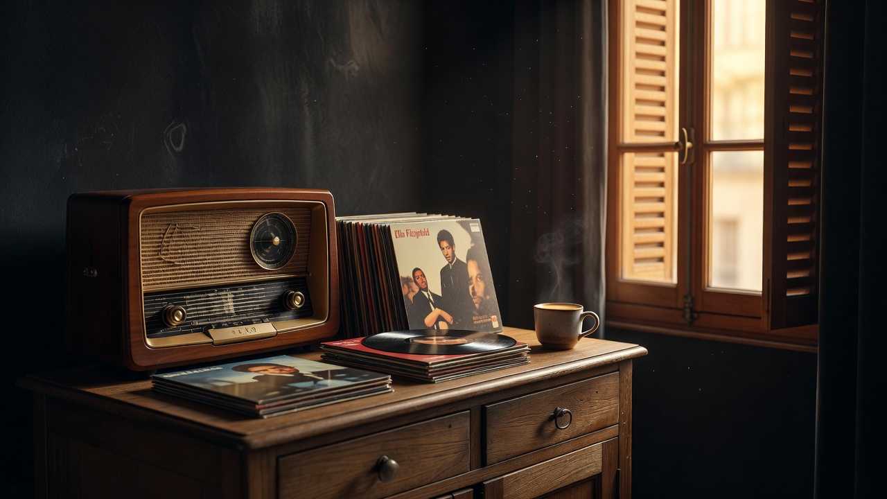 Salon chaleureux avec une platine vinyle et des enceintes diffusant du jazz, éclairé par une lumière ambrée tamisée évoquant un club de jazz intime